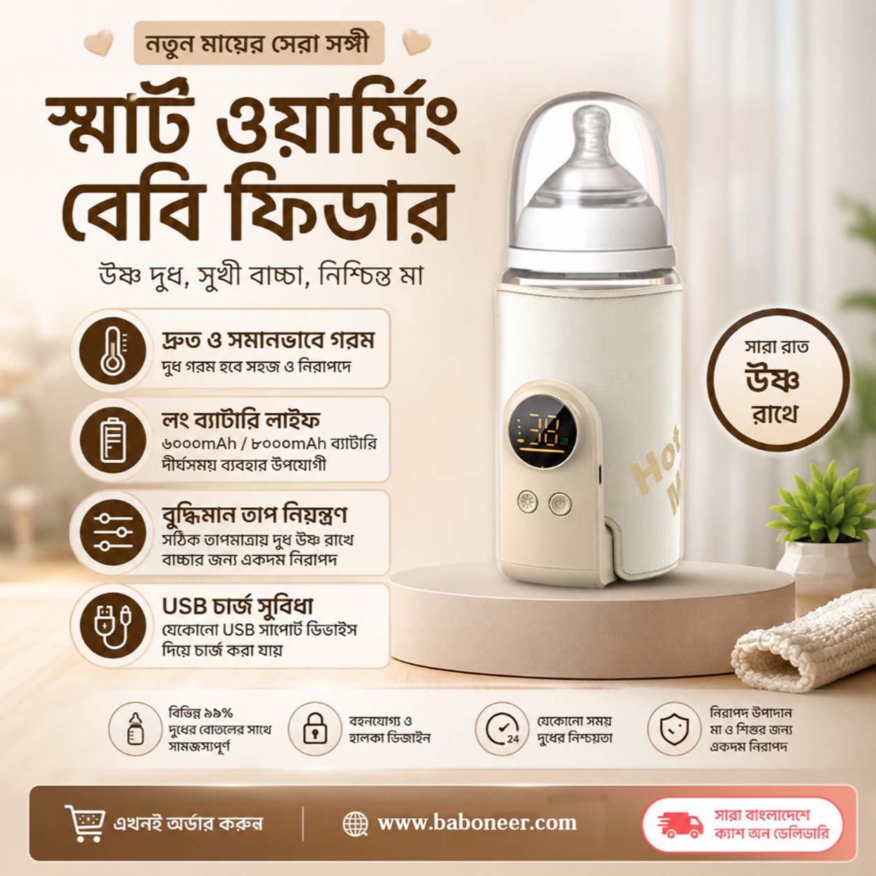 Fast Heating Portable Bottle Warmer, 6 Temp Milk Warmer with Smart Temperature Control & Night Light, LCD Display, Locked in Nutrition, for Breast Milk, for Travel (Creamy White)
